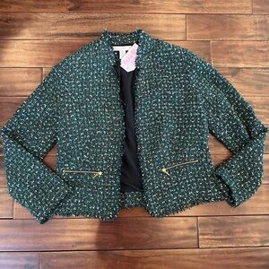 Chicos Tweed Jacket US Sz 4/6 Emerald Green Gold Open Front Jacket